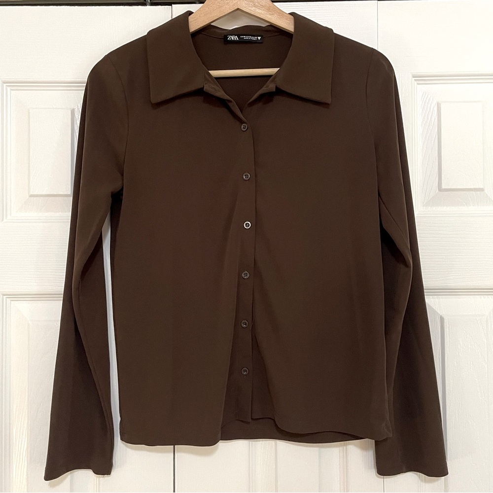 Zara brown button up blouse - vintage style SIZE M
